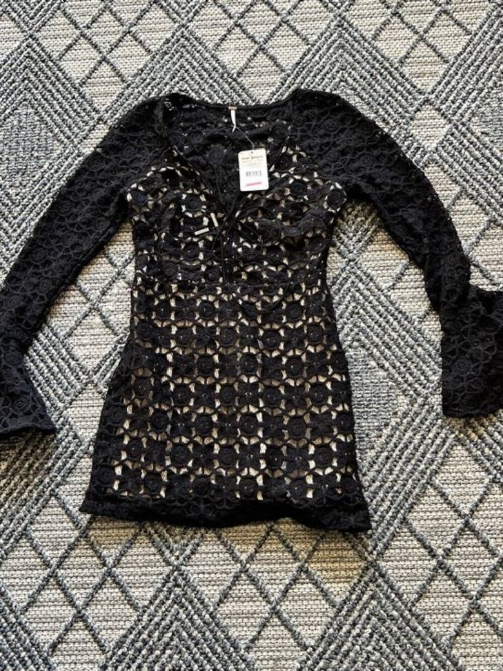 Free People Black Crochet Lace Long Sleeve Tunic Top Women's Size 10 NWT